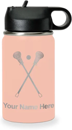 Vista 45 de LaserGram Botella de agua personalizada, palitos de lacrosse, acero inoxidable de doble pared aislada al vacío con popote superior, regalo grabado
