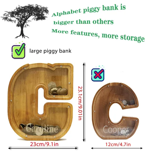 Vista 4 de Hucha Personalizada de Madera con Alfabeto - Hucha para Niños - Hucha para Niños y Niñas - Hucha de Monedas - Banco - Puede Usarse como Regalo