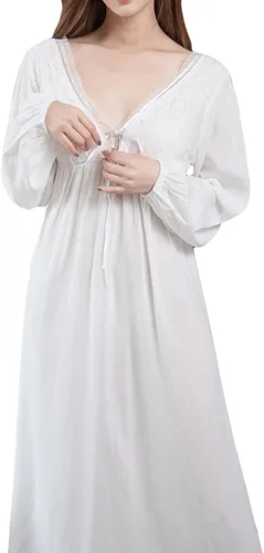 Vista 6 de Camisón de algodón de manga larga con cuello en V y encaje vintage para mujer