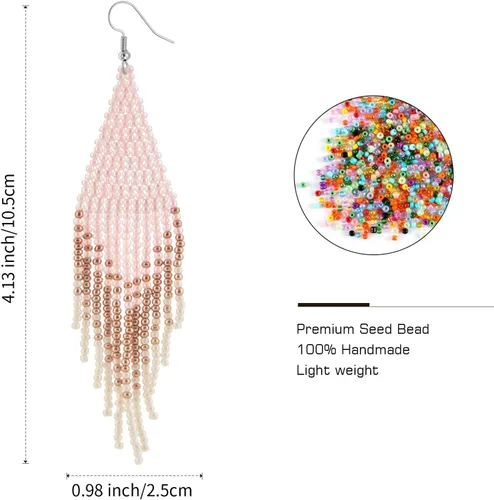Vista 2 de Native - Aretes de borla con cuentas bohemios, hechos a mano, con flecos, para mujer