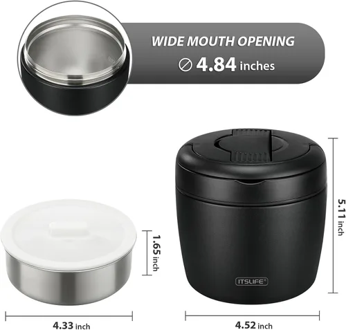 Vista 2 de Termo de sopa para comida caliente, contenedor de almuerzo aislado de acero inoxidable de 32 onzas, termo de boca ancha para sopa y alimentos, Negro