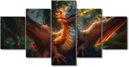 Vista 36 de Lienzo decorativo para pared de sala de estar, lienzo de dragón, 5 paneles, dragón verde, decoración de pared para el hogar, decoración de pared