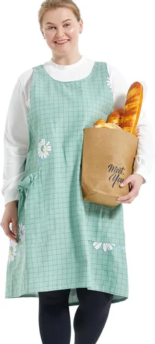 Vista 8 de Delantales grandes de talla grande para mujer con bolsillos de algodón y lino para hornear cocina