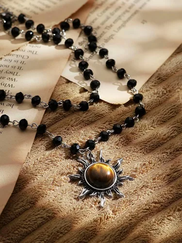 Vista 6 de Sacina Gothic Emo Grunge Sun Choker, Black Bead Choker Necklace, Black Jewelry, Gothic Goth Necklace, Halloween Christmas Jewelry Gift for Women