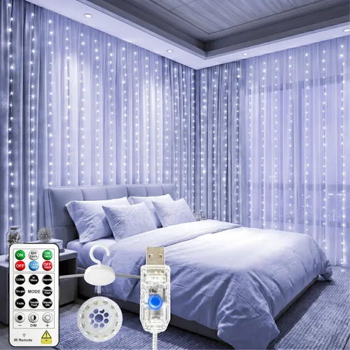 Vista 11 de HXWEIYE 300 luces LED de cortina sin enredos, 9.8 x 9.8 pies, USB, control Blanco cálido