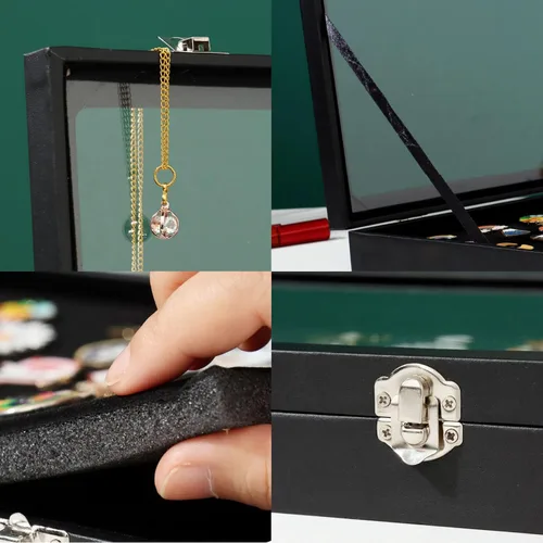 Vista 8 de Caja expositora grande negra a prueba de polvo con ganchos para medallas militares, joyas, insignias, collares, pulseras, 13.8 x 9.5 pulgadas