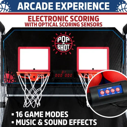 Vista 4 de Pop-A-Shot - Home Dual Shot Juego de baloncesto arcade para el hogar Aro de puntuación con sensor, 16 modos de juego, 7 bolas Plegable para un