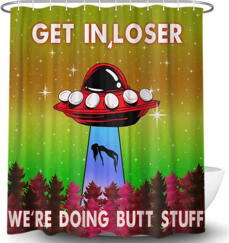 Vista 7 de MERCHR Funny UFO Shower Curtain for Bathroom, Unique Fun Alien Blue Space Starry Sky Forest Fabric Shower Curtains Set, Weird Restroom Decor