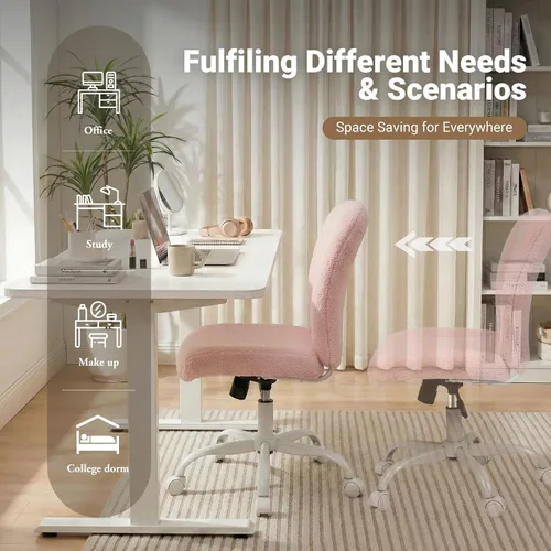 Vista 7 de Silla de tocador con ruedas, silla de oficina sin brazos ajustable en altura, bonita silla de escritorio con soporte lumbar suave para espacios