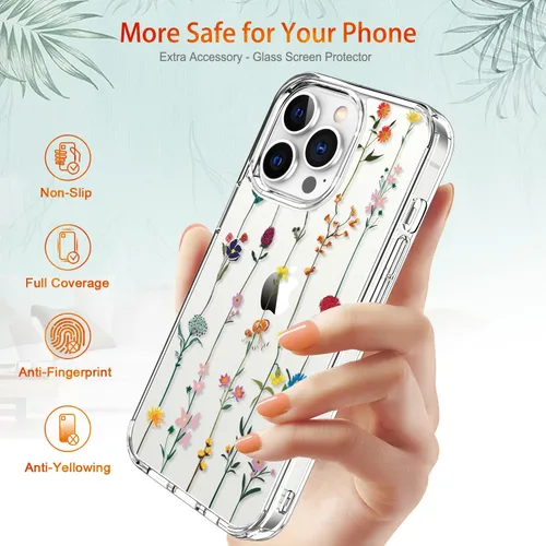Vista 6 de Funda para iPhone 13 Pro Max con protector de pantalla, 6.7 pulgadas, transparente, a prueba de golpes, diseño floral, para niñas y mujeres