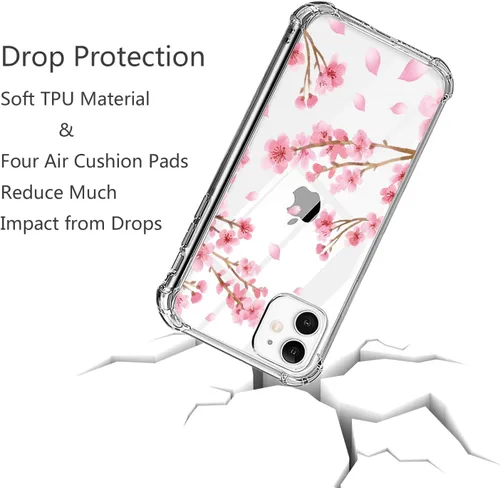 Vista 5 de Funda de flores de cerezo para iPhone 11 año 2019, cubierta trasera floral transparente rosa para niñas y mujeres, funda protectora a prueba
