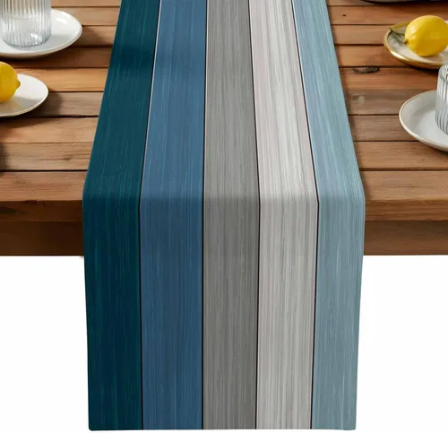 Vista 10 de Vandarllin Camino de mesa de lino y algodón estilo rústico retro, textura de madera de granero, color degradado, azul aguamarina, gris