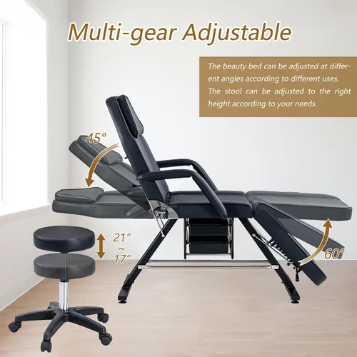 Vista 5 de Silla de tatuaje con taburete hidráulico ajustable para salón de belleza, spa, masaje de cama rosa, cama de masaje, mesa de masaje, silla de salón