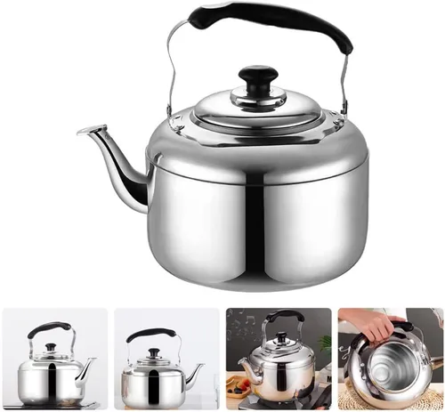 Vista 2 de ERINGOGO Estufa de té silbante de 7 litros, tetera de acero inoxidable con base de calentamiento rápido, tetera de camping pulida con espejo