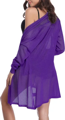 Vista 4 de Totatuit Cárdigan tipo kimono ligero de verano para mujer, de manga larga, frente abierto, suéter de punto holgado, blusa casual