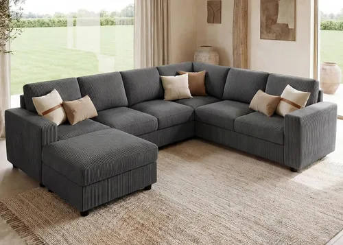 Vista 12 de HONBAY Sofá modular de pana con almacenamiento, sofá en forma de U con diván, sofá modular de 7 plazas para sala de estar, color beige