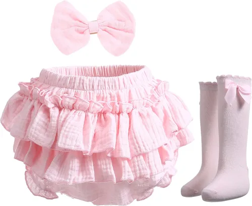 Vista 11 de Conjunto de bombachos y lazos de algodón para bebé recién nacida, pantalones cortos con volantes y diadema Café