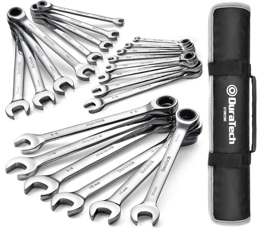 Vista 9 de DURATECH Juego de llaves de trinquete antideslizantes, juego de llaves combinadas, 22 piezas, métricas y SAE, 1/4" a 3/4" y 6-18mm, 72 dientes