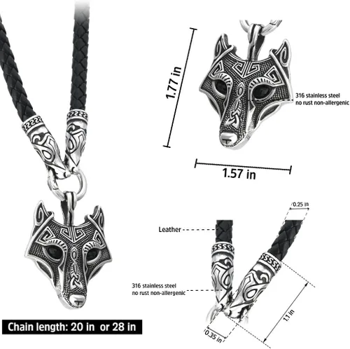 Vista 5 de BAVIPOWER Colgante de cabeza de lobo con collar de cuero trenzado de acero inoxidable, collar escandinavo nórdico auténtico, joyería vikinga