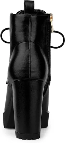 Vista 3 de Allegra K Botas de plataforma con cordones y tacón grueso con punta redonda para mujer