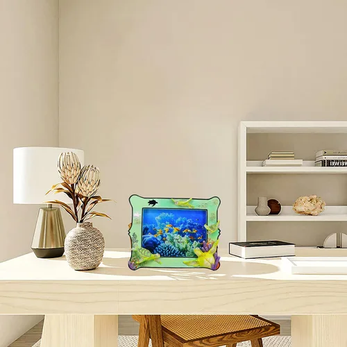 Vista 8 de Marco de fotos decorativo de resina de tortuga marina de 6 x 8 pulgadas para mesa. Decoración del hogar con diseño de tortuga marina del océano.