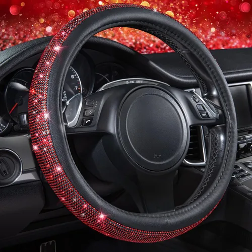 Vista 26 de CAR PASS Funda para volante de cuero beige con diamantes brillantes, cristales blancos brillantes con purpurina y pedrería, ajuste universal de 14