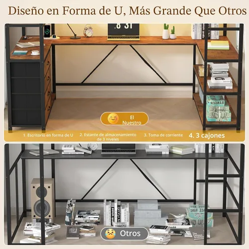 Vista 8 de Cama elevada de tamaño individual con almacenamiento y cabecero tapizado, estructura de cama elevada de metal con escritorio en forma de U y luces