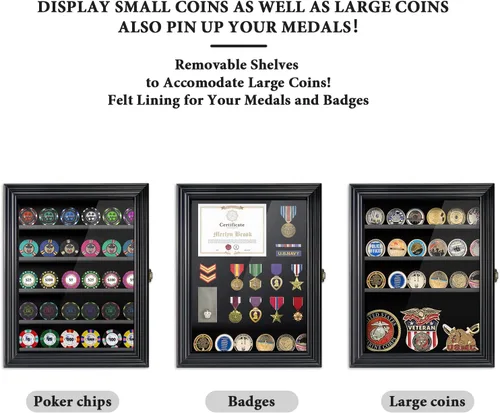 Vista 4 de Vitrina de Monedas de Desafío Militar con Vidrio Templado HD - Vitrina para Medallas de 5 Filas Gabinete Estante Caja de Sombra con Estantes