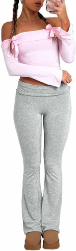 Vista 2 de Leggings acampanados para mujer Y2K Lounge Yoga PJ Pantalones Casual Pijama Slim Fit Fold Over Cintura Pantalones Pantalones Ropa de dormir Gris