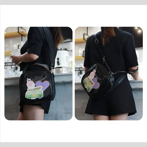 Vista 4 de LUI SUI Bolso Ita para mujer, bolso cruzado kawaii, lindo gato, bolso de mensajero, mochila transparente, bolso de hombro con pin