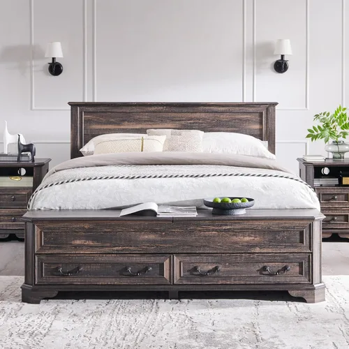 Vista 3 de T4TREAM Cama Queen de granja con cabecera y banco de almacenamiento, cama de plataforma de madera rústica con baúl de almacenamiento de 64 pulgadas