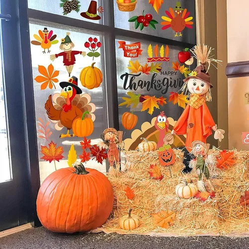 Vista 6 de 158 calcomanías de Acción de Gracias para ventana de vidrio, calcomanías de doble cara para ventana de otoño, pavo de otoño, ofertas de decoración