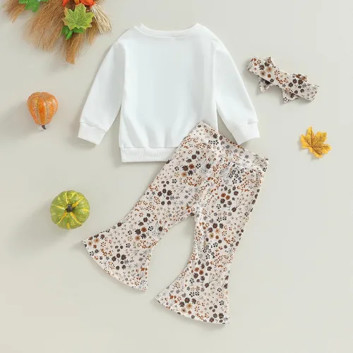 Vista 7 de wdehow Conjunto de sudadera de manga larga con estampado de letras y pantalones acampanados de calabaza, ropa de otoño