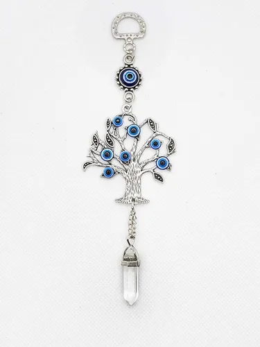 Vista 14 de LUCKBOOSTIUM Amuleto plateado con árbol de la vida con ojo malvado azul y piedra preciosa de cristal, dije para crecimiento, fuerza, protección