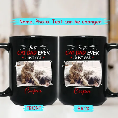 Vista 2 de Taza de café personalizada con nombre y foto de gato, marco de fotos personalizado para gato, taza de café negra de 11 onzas y 15 onzas, taza de té