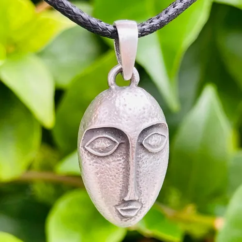 Vista 6 de Máscara de vudú tribal Tiki Moai Magia Africana Wicca Pagana Oculta Unisex Plata Pewter Colgante Collar Protección Amuleto Abalorio de la Suerte