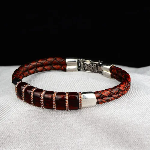 Vista 4 de Pulsera de cuero para hombre, pulsera de piedra de rubí natural de plata, regalo de aniversario único para hombres pulsera vintage, pulsera de plata