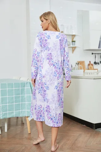 Vista 7 de IZZY + TOBY Camisones de algodón para mujer, de manga larga, suave, largo, cálido, vestido de noche con nudos, camisón para mujer