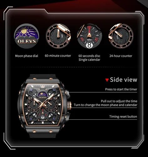 Vista 6 de OLEVS Relojes para hombre de lujo con cara grande, correa de silicona, impermeable, cronógrafo, bonito analógico, de cuarzo, casual, reloj