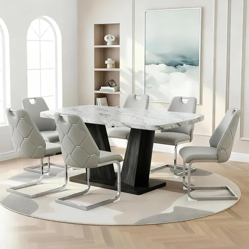 Vista 21 de Juego de mesa de comedor para 6, juego de mesa de comedor de mármol para 6, juego de 6 sillas de mesa de cocina con base de madera, juego de mesa