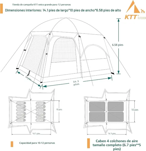 Vista 8 de KTT Extra Large Tent 10-12-14 Person(B),Family Cabin Tents,2 Rooms,3 Doors and 3 Windows with Mesh,Straight Wall,Waterproof,Double Layer,Big Tent