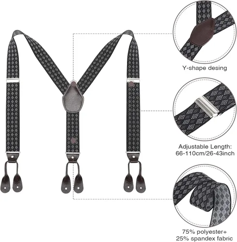 Vista 18 de AWAYTR Tirantes de botón marrón para hombre, tirantes elásticos ajustables en forma de Y