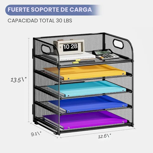 Vista 6 de Cawukege Organizador de papel de 5 niveles con asa, organizador de escritorio de malla de metal negro, carpeta de archivos, bandeja de cartas