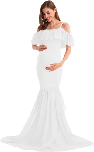 Vista 39 de MYRISAM Vestido de maternidad con volantes y hombros descubiertos para mujer, vestido de fiesta de sirena de gasa, vestido ajustado