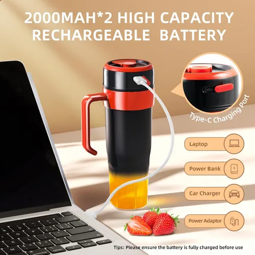 Vista 3 de Licuadora personal para batidos y batidos con 6 cuchillas, 21 onzas (20.3 fl oz), exprimidor de tamaño personal USB-C recargable con cepillo