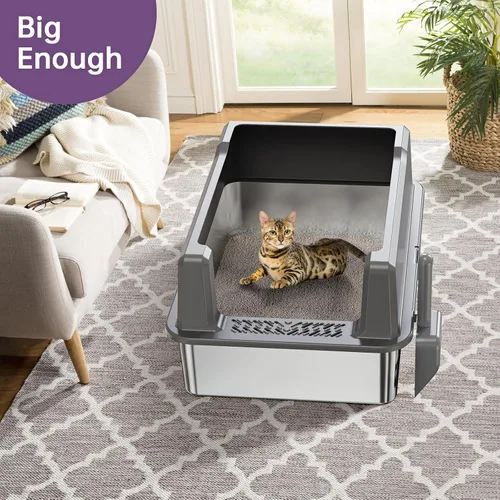 Vista 7 de Caja de arena extragrande XXL de acero inoxidable para gatos con tapa, 26" L x 18" W x 12" H caja de arena de metal con lados altos para gatos