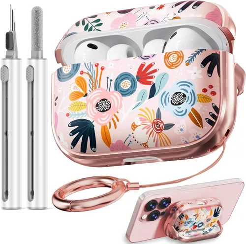 Vista 15 de Inesore Funda con bloqueo de seguridad para AirPods 4 2024, bonita funda floral para AirPod de 4ª generación para mujeres con kit limpiador