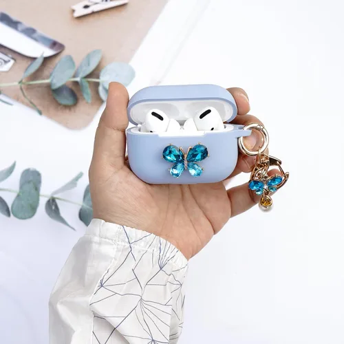 Vista 5 de Wonhibo Funda para Airpods Pro, bonita funda de diseño de mariposa para Airpod Pro 2019 con llavero para mujeres y niñas (azul)