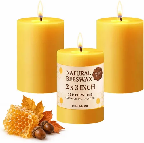 Vista 20 de Velas de pilar de cera de abeja natural, no tóxicas, 2 x 3 pulgadas, paquete de 6, 192 H de combustión larga Amarillo