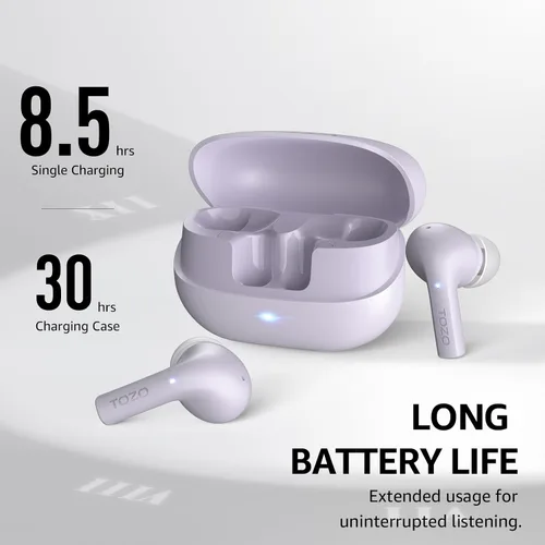 Vista 3 de Auriculares TOZO E2 inalámbricos con cancelación de ruido AI con 2 micrófonos, controladores de 10mm con potentes bajos, aplicación personalizada
